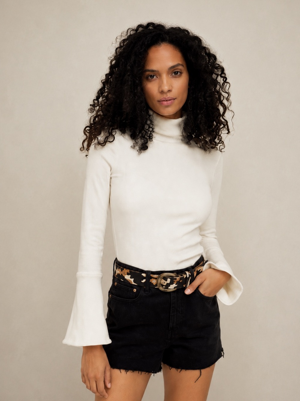 Free People Intimately White Bell Sleeve Turtleneck Top XS Fitted Boho